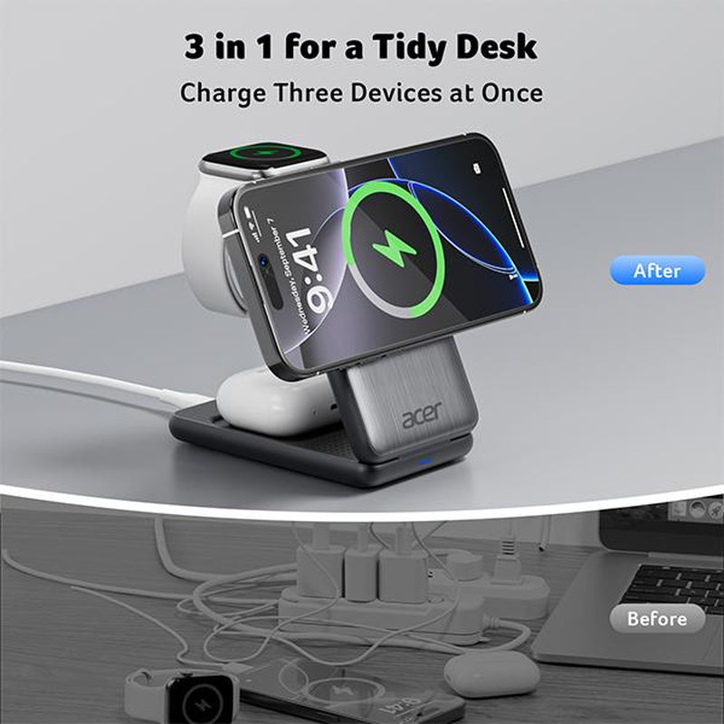 Acer 3 in 1 Using Apple Latest Technology Magnetic Wireless Charger, Wireless Charging Station, 15W Fast Magsafe Charger for Iphone 17 16 15 14 13 12 Series -Apple Watch 10 9 8 7 6 5 4 3 2 SE and Ultra Series-Airpods 4 3 2 Pro Series