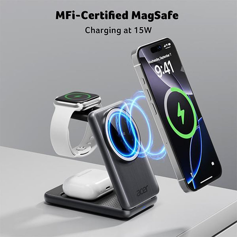 Acer 3 in 1 Using Apple Latest Technology Magnetic Wireless Charger, Wireless Charging Station, 15W Fast Magsafe Charger for Iphone 17 16 15 14 13 12 Series -Apple Watch 10 9 8 7 6 5 4 3 2 SE and Ultra Series-Airpods 4 3 2 Pro Series