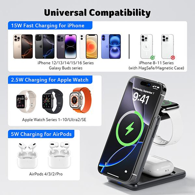 Acer 3 in 1 Using Apple Latest Technology Magnetic Wireless Charger, Wireless Charging Station, 15W Fast Magsafe Charger for Iphone 17 16 15 14 13 12 Series -Apple Watch 10 9 8 7 6 5 4 3 2 SE and Ultra Series-Airpods 4 3 2 Pro Series