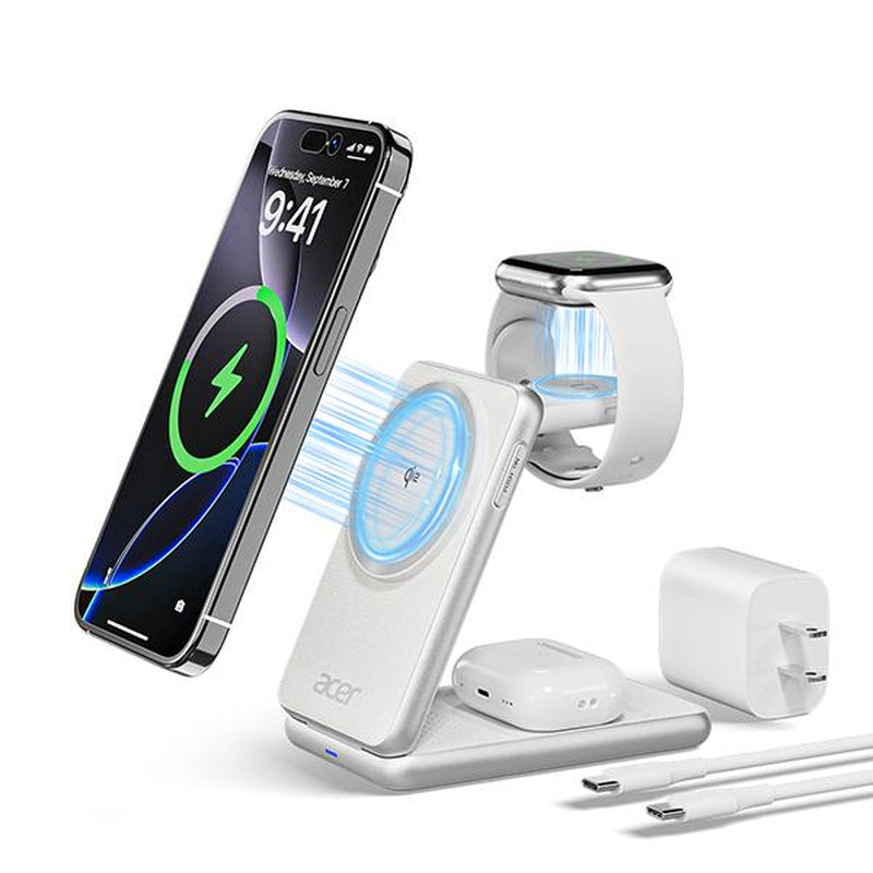 Acer 3 in 1 Using Apple Latest Technology Magnetic Wireless Charger, Wireless Charging Station, 15W Fast Magsafe Charger for Iphone 17 16 15 14 13 12 Series -Apple Watch 10 9 8 7 6 5 4 3 2 SE and Ultra Series-Airpods 4 3 2 Pro Series