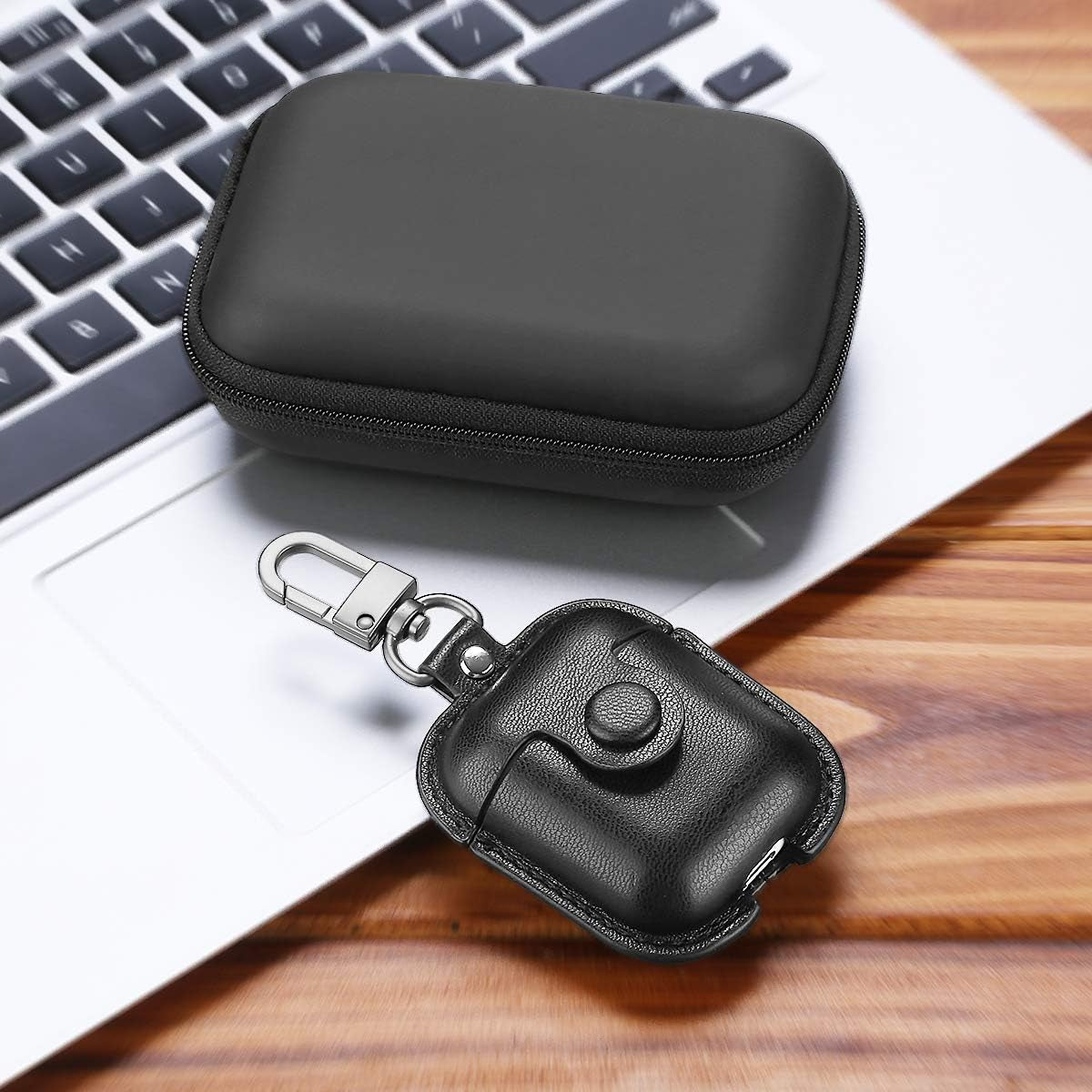 Compatible Airpods Case, Leather Airpods Cover 5 in 1 Protective Case with Keychain/Ear Hooks/Airpods Strap/Watch Band Holder/Earpods Case Compatible with Apple Airpods 2&1 Charging Case, Black