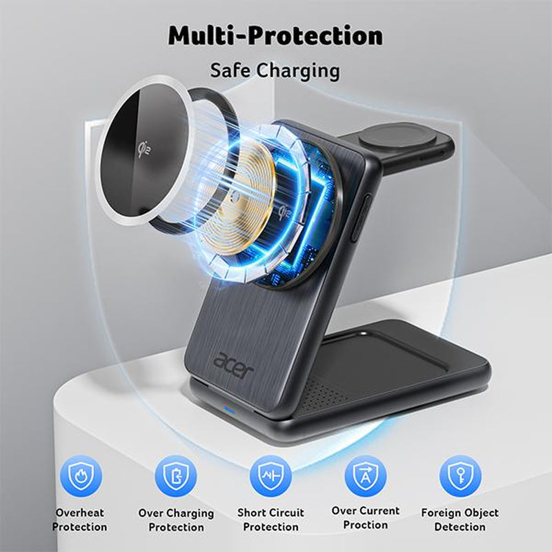 Acer 3 in 1 Using Apple Latest Technology Magnetic Wireless Charger, Wireless Charging Station, 15W Fast Magsafe Charger for Iphone 17 16 15 14 13 12 Series -Apple Watch 10 9 8 7 6 5 4 3 2 SE and Ultra Series-Airpods 4 3 2 Pro Series
