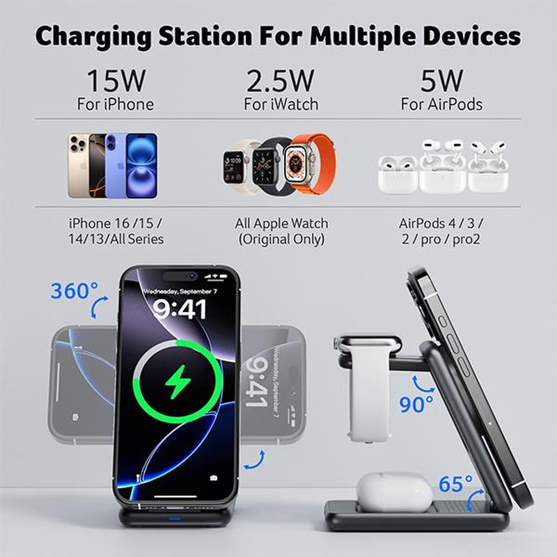 Acer 3 in 1 Using Apple Latest Technology Magnetic Wireless Charger, Wireless Charging Station, 15W Fast Magsafe Charger for Iphone 17 16 15 14 13 12 Series -Apple Watch 10 9 8 7 6 5 4 3 2 SE and Ultra Series-Airpods 4 3 2 Pro Series
