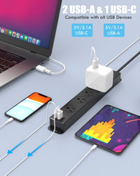 Surge Protector Power Strip with USB C Ports, 10FT Braided Extension Cord, 5 Outlets and 3 USB Ports(1 USB C),  Mountable Power Strips Flat Plug with Overload Protection