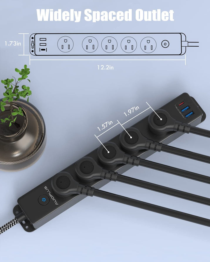 Surge Protector Power Strip with USB C Ports, 10FT Braided Extension Cord, 5 Outlets and 3 USB Ports(1 USB C),  Mountable Power Strips Flat Plug with Overload Protection