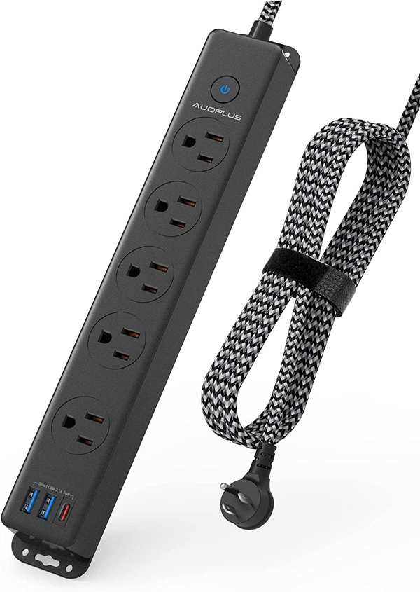 Surge Protector Power Strip with USB C Ports, 10FT Braided Extension Cord, 5 Outlets and 3 USB Ports(1 USB C),  Mountable Power Strips Flat Plug with Overload Protection