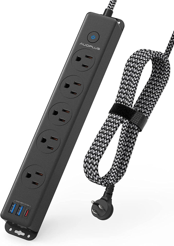 Surge Protector Power Strip with USB C Ports, 10FT Braided Extension Cord, 5 Outlets and 3 USB Ports(1 USB C),  Mountable Power Strips Flat Plug with Overload Protection