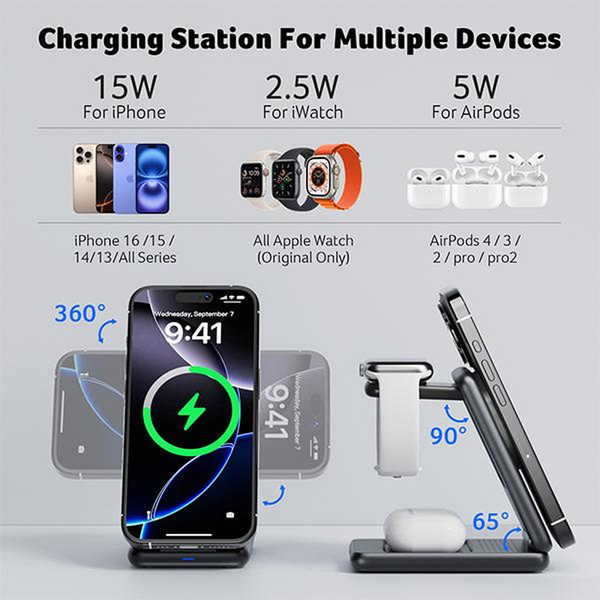 Acer 3 in 1 Using Apple Latest Technology Magnetic Wireless Charger, Wireless Charging Station, 15W Fast Magsafe Charger for Iphone 17 16 15 14 13 12 Series -Apple Watch 10 9 8 7 6 5 4 3 2 SE and Ultra Series-Airpods 4 3 2 Pro Series